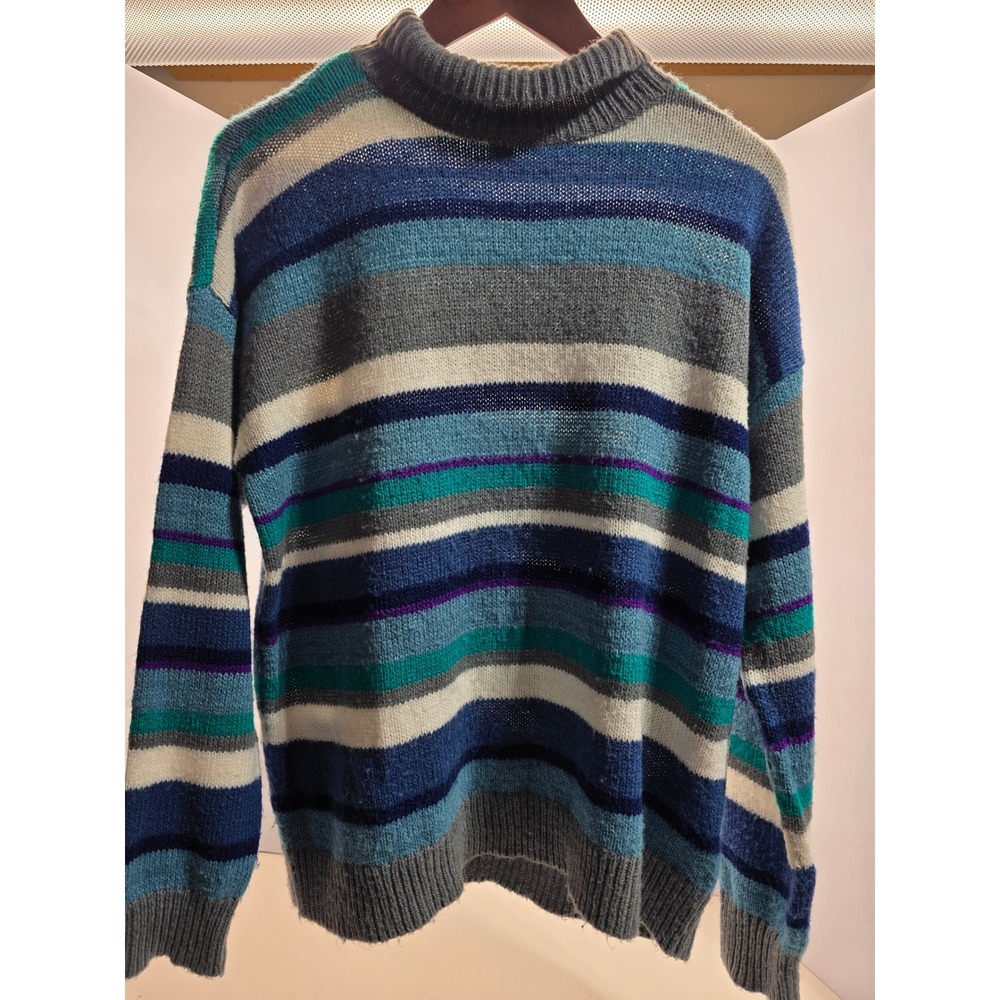 Chaps Denim Womens Striped Mock Neck Sweater Blue Teal Grey Large